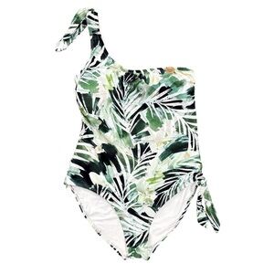 Nip Tuck One Shoulder One Piece Swimsuit Tummy Control Green Palm Leaf Size 10
